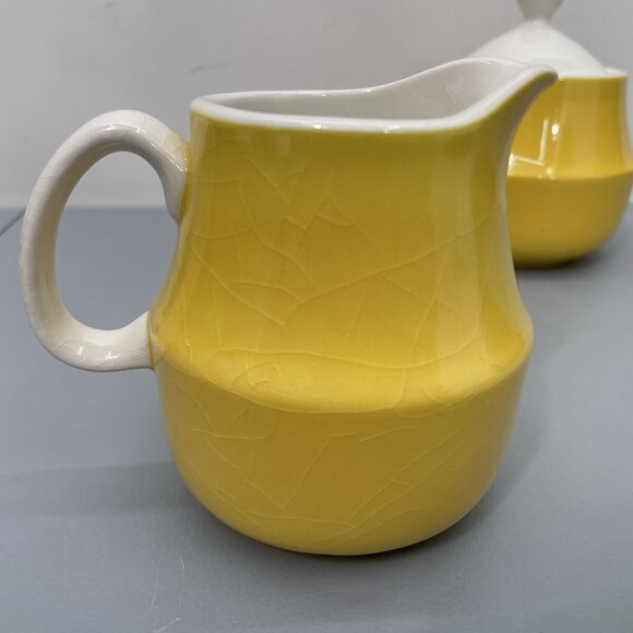 Vintage Mikasa Creamer Sugar Set Japan Cera-Stone Yellow White MCM D1350 - Picture 4 of 8